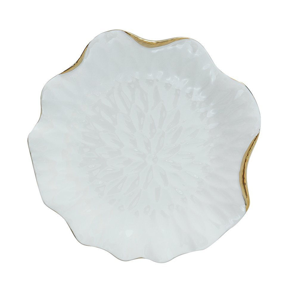 White Porcelain Dessert Plate with Gold Rim - CozyVibe.eu